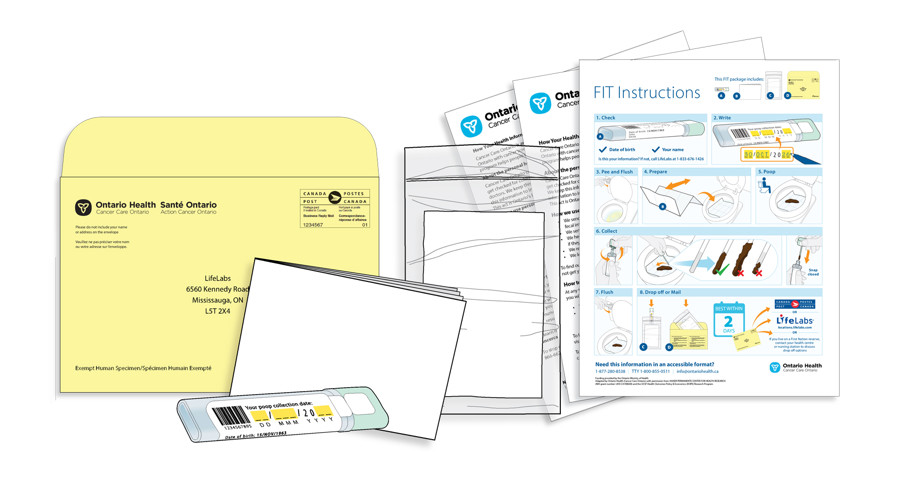 The fecal immunochemical test package includes everything you need to complete the test